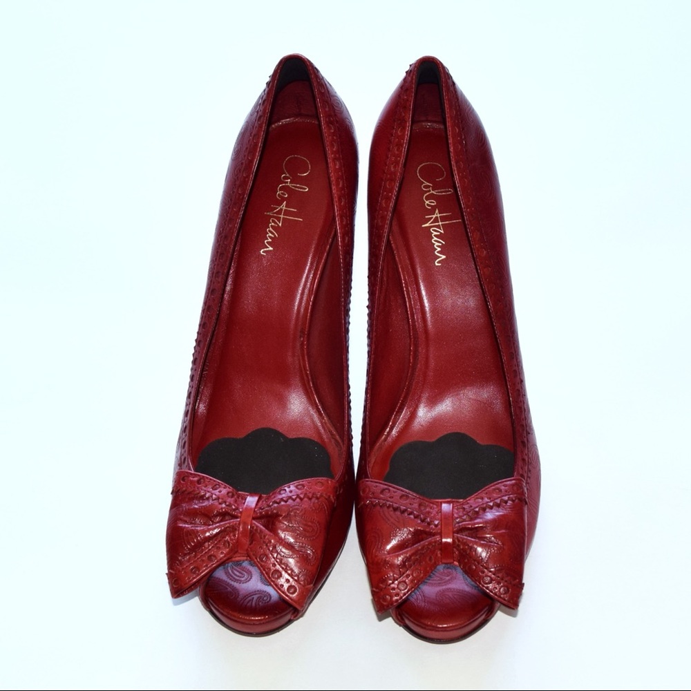 Cole Haan dark red peep toe pumps with bow
